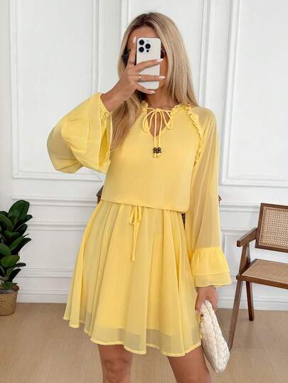 Easowa Ruffled Collar Tie Bow Flare Sleeve Elastic Waist A-Line Long Sleeve Casual Loose Elegant Commuter Vintage Vacation Spring/Summer Mini Dress For Women Vacation Boho Sexy Women Clothes Summer Dress Chiffon Dress Women Ruffle Sleeve Dress Women Yellow Dress Long Sleeve Dress Chiffon Dresses For Women Women's Long Sleeve Dress Yellow Chiffon Dress
