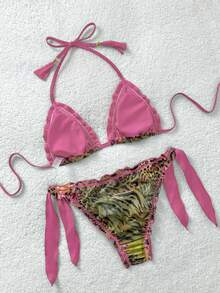 Soleia Bikini vintage con volant, stampa multicolore di leopardo, zebra e fiori, con fiocco davanti e nappe, adatto per la spiaggia e le vacanze - Multicolore - Visualizzare 2
