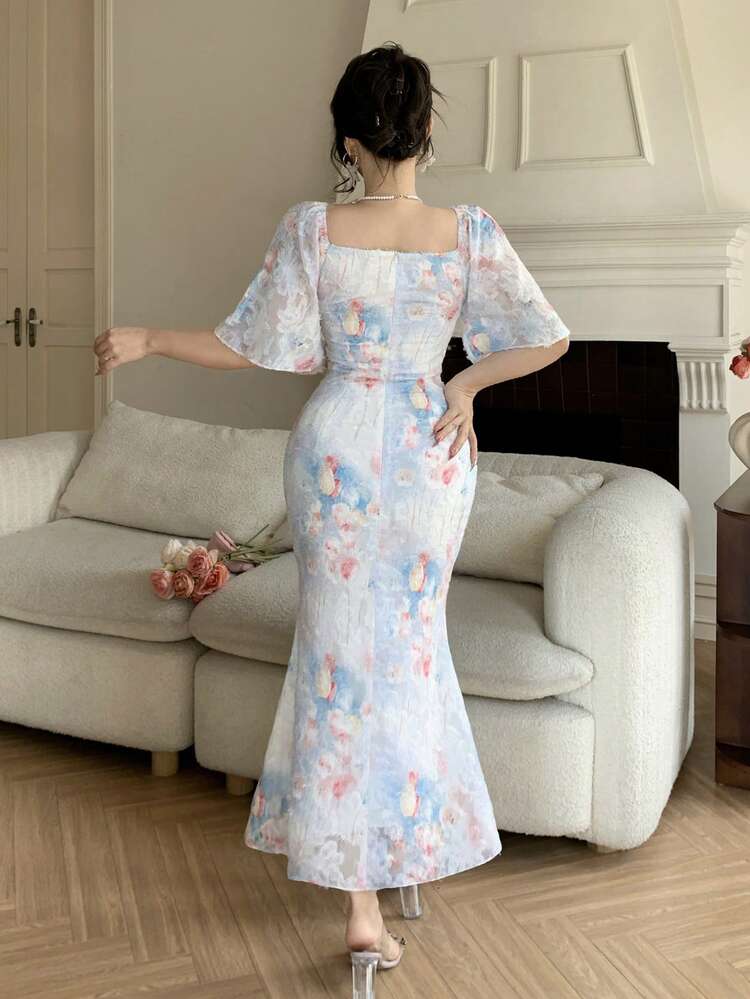 Women's Elegant Floral Textured Square Neck Fishtail Midi Dress, Summer,Wedding Guest Dress Women Sundress