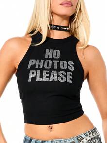 SUMWON WOMEN Cropped Rhinestone Graphic Tank Top With Statement Text Print Perfect For Festival Party Concert Casual Summer Streetwear - Black - View 4