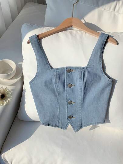 Comfortcana 女士纯色休闲无袖牛仔上衣