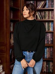 SHEIN Tall CURVE 大码女式褶皱优雅休闲长袖宽松衬衫，适合高个子女性，纯黑色衬衫 - 黑色 - 查看 5