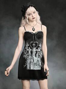 ROMWE Váy ngắn nữ bằng satin ren hình thiên thần Gothic, thánh giá, lâu đài, nhà thờ, gai nhọn, rune mạng, trái tim, ren. - màu đen - Xem 6