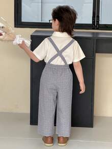 DAZY Young Boy's White Short Sleeve Shirt And Detachable Suspender Pants Gentleman Suit Set, Spring/Summer/Autumn - White - View 5