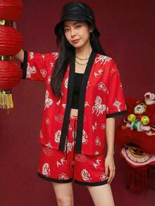 SWAVVY Men's Fashionable Printed Shirt Set, Spring/Summer - Burgundy - View 1