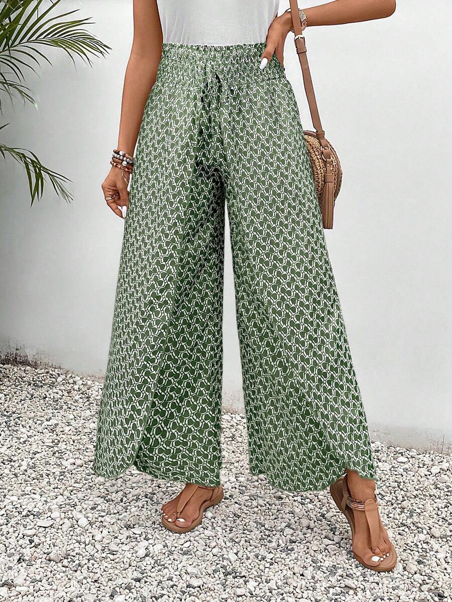 SHEIN Frenchy Quần ống rộng dáng suông, cạp chun, vạt chéo, họa tiết in toàn thân, thắt nút. - màu xanh lá - Xem 1