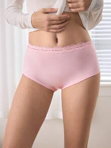 Ocili 女士休闲基础款白色棉质蕾丝低腰舒适简约柔软100%纯棉时尚秋季休闲运动内裤 - 淺粉色 - 查看 4