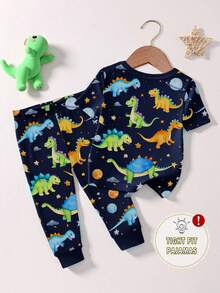 1Set Baby Boy Glow-In-The-Dark Dinosaur Print Snug Fit Short Sleeve Pajama Set, Spring/Summer - Blue - View 2