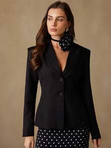 EMERY ROSE 法式复古优雅女士时尚翻领花卉腰带长袖西装外套搭配波点中长裙套装 - 黑色 - 查看 5