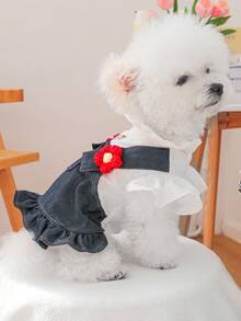 PETSIN 1件猫狗通用衣服，带立体花朵装饰连衣裙，春季休闲宠物服装 - 藍色 - 查看 6