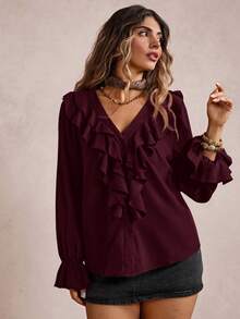 Freevana Blusa elegante de talla grande con volantes en unicolor - Rojo violeta - Ver 3