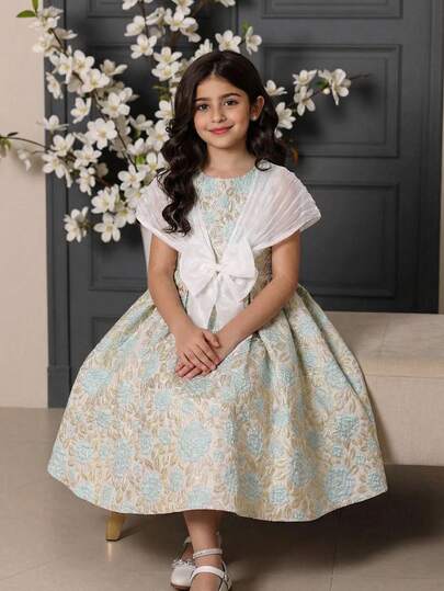 SHEIN Young Girl Woven Contrast Color Round Neck Casual Sleeveless Dress  Tween Girl Elegant Party Color Block Jacquard Bow Decor A-Line Dress Kids Jacquard Dresses Girls Dresses Elegant Teal Kids Dresses For Girls Blue Young Girl Floral Pattern Dress Small Girl Sky Blue Dresses Elegant Jacquard Floral Sky Blue Dress For Young Girls With Front Bow And Short Sleeves Perfect For Special Occasions Kids Light Blue Jacquard Dress For Girls Adorned With Floral Patterns And A Chic Front Bow Great For Preteen