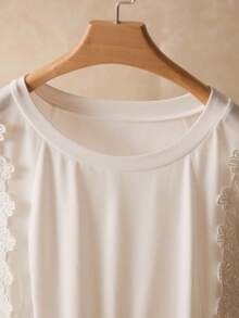 Elaquor Women Plus Size White Summer Elegant Party Lace Patchwork Ruffle Hem T-Shirt,Casual Round Neck Babydoll Tops,Solid Color Lace Blouses For Woman - White - View 5