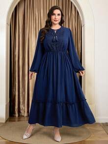 Al Najma Plus Size Women Contrast Lace Tie-Up Fringe Ruched Elegant Waist Lantern Sleeve Party Dress Fall - Navy Blue - View 8
