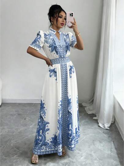 Rafferiza Chic Blue And White A Line Long Dress For Women Notched Neck Puff Short Sleeve Flared Hem With Plant Pattern And Split