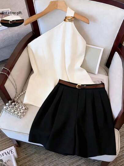 Franclia 2 piezas Conjunto de top sin mangas y shorts de mujer con escote asimétrico elegante