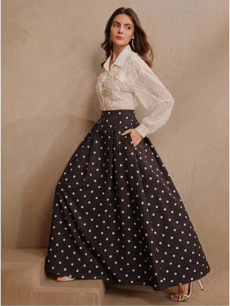 Casual Polka Dot A-Line Skirt, Versatile For Work And Vacation Poka Dots Polka Dot Skirt Women Long Skirts Pleated Skirt Polka Dots Elegant Skirt Midi Skirt