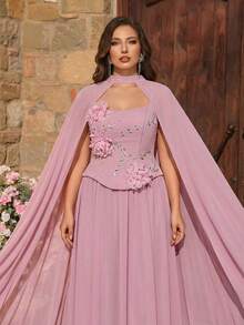 Aureia Áo choàng dáng chữ A bằng chiffon màu hồng sen thanh lịch, sang trọng, cỡ lớn, cổ áo buộc eo, thích hợp cho tiệc tối, hẹn hò, dạ hội, kỳ nghỉ, đám cưới, sự kiện trang trọng. - Bụi hồng - Xem 6