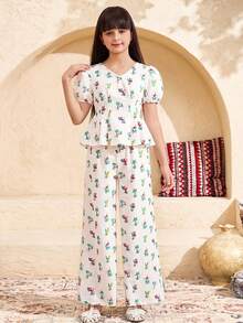 Tween Girl Floral Print Sleeveless Top And Straight Leg Pants Set, Elegant - Beige - View 7
