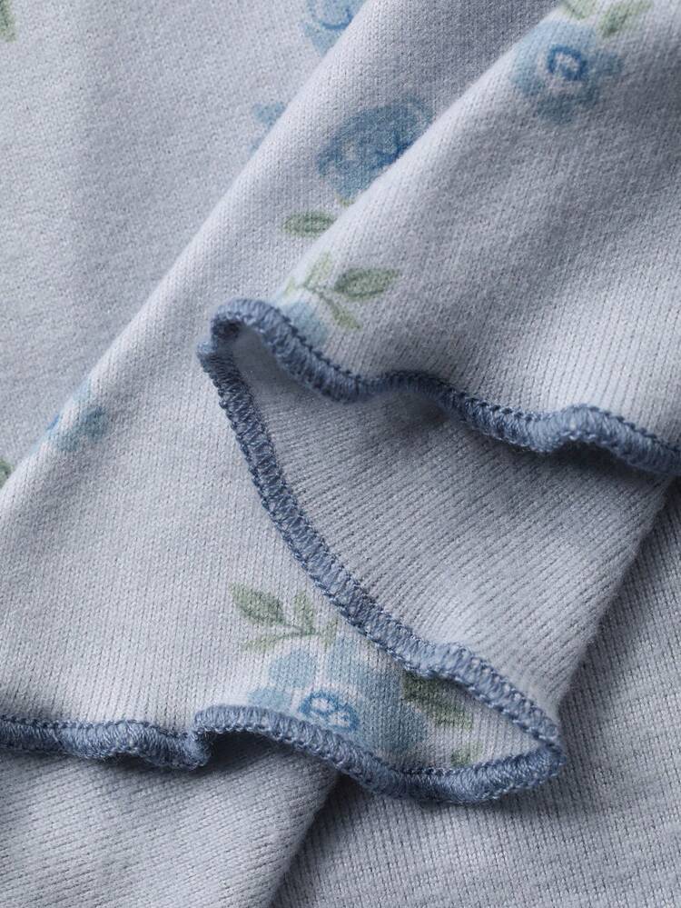 2pcs Ditsy Floral Contrast Piping Decor Slim Fit V-Neck Long Sleeve Top And Pants Women Pajama Set, Autumn