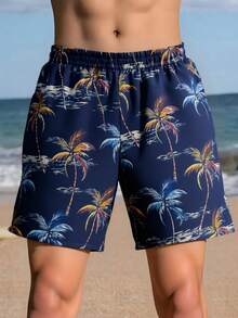 SHEIN 青少年男童弹力腰带椰子树印花休闲度假泳裤 - 彩色 - 查看 3
