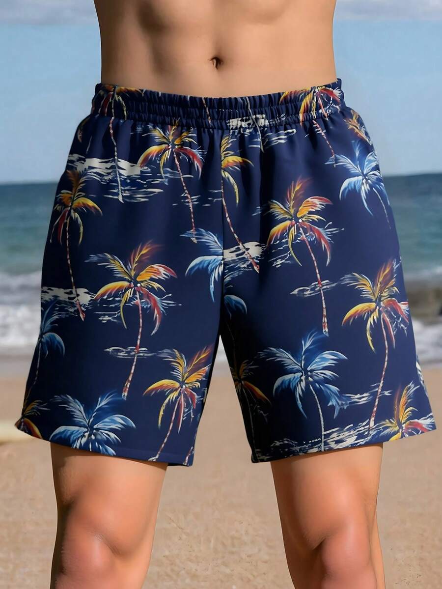 SHEIN 青少年男童弹力腰带椰子树印花休闲度假泳裤 - 彩色 - 查看 1