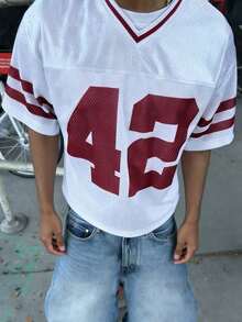 SHEIN Men's Casual Loose Fit V-Neck Short Sleeve T-Shirt With Numeric Print - Multicolor - View 3