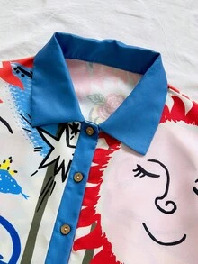 Soleia 女士彩色涂鸦印花翻领衬衫，适合海滩、邮轮、城市、度假、约会、下午茶、音乐节、波西米亚风、海滩度假村、海岛度假村、海滩假期、音乐节等场合，四季皆宜，日常通勤也适用。 - 彩色 - 查看 12