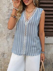 EMERY ROSE 女士夏季度假休闲波西米亚条纹无袖衬衫，女士休闲上衣 - 藍白色 - 查看 3