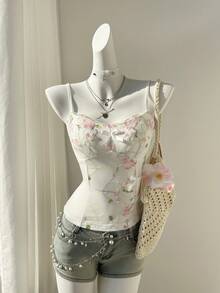 Elamini 黄色撞色荷叶边V领收腰吊带背心，女士春夏款，优雅浪漫复古甜美休闲百搭，适合度假、购物、约会等场合。 - 白色 - 查看 4