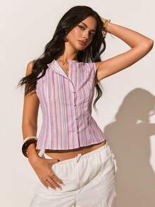 Poéselle 粉色条纹无袖纽扣衬衫，女士夏季粉彩上衣，时尚休闲度假衬衫，柔美少女宽松春季必备单品，女士条纹印花无袖上衣，法式风格上衣，2026新款粉色条纹衬衫，条纹上衣，商务休闲上衣，女士条纹上衣，无袖上衣，女士上衣，夏季女士上衣 - 彩色 - 查看 3