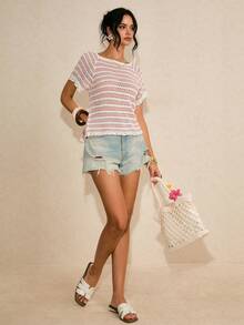 Poéselle 粉白条纹钩针短袖上衣，镂空露背针织衫，可爱夏季波西米亚风度假衬衫，女士条纹圆领插肩短袖镂空针织上衣，法式风格上衣，女士沙滩装，女士夏季钩针上衣，女士夏季上衣，女士针织上衣 - 粉色 - 查看 6