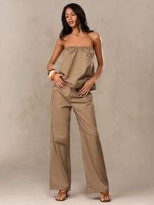 SHEIN BAE Bộ áo ống nhún bèo pha vải lanh và quần ống rộng cạp chun, trang phục thanh lịch, set đồ thường ngày, set đồ đi ăn trưa, set đồ đi nghỉ mát, set đồ mùa hè, bộ quần áo. - Màu Khaki - Xem 1