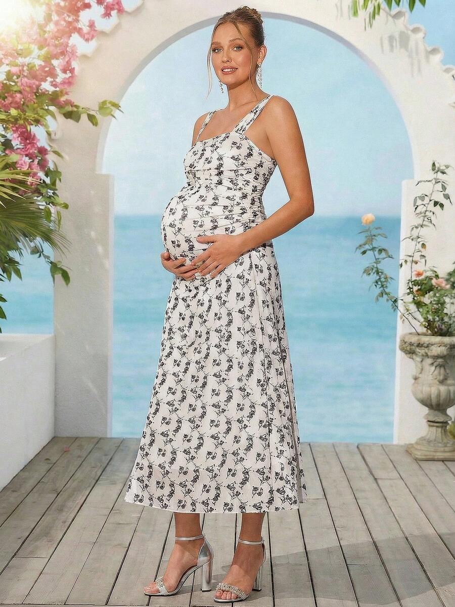 Loomaby Maternity Ditsy Floral Fitted Elegant Sleeveless Dress Dress Gender Reveal Dress Maternity Dress Baby Shower Dress - Multicolor - View 1