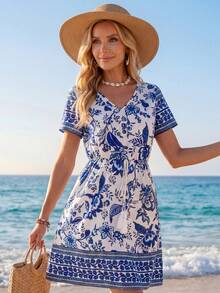 Sylviya Vestido casual de mujer con estampado floral, cuello en V, manga corta y cintura con cordón con borlas - Azul - Ver 3