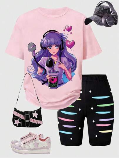 SHEIN ChillGRL 2pcs/Set Teenage Girls Fashion Graphic Print Short Sleeve T-Shirt And Tight Fit Printed Shorts, Casual Streetwear