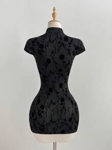 Elamini Casual Stand Collar Silver Thread Flocked Button Slit Black Mini Dress For Women - Black - View 2