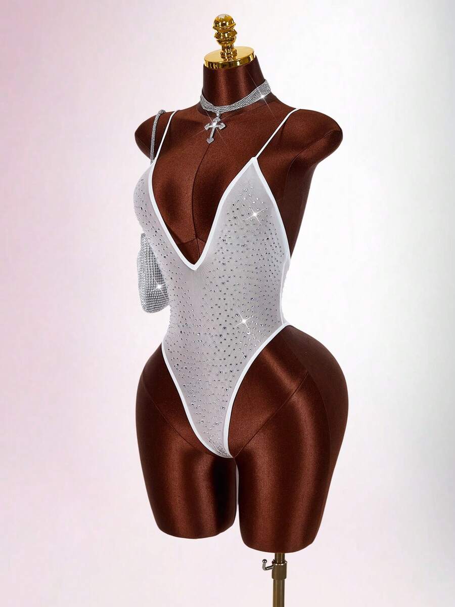 Amplova Rhinestone Glitter Backless Sheer Sexy Bodysuit For Party - White - View 1