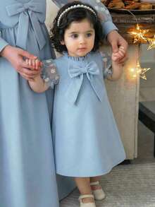 SHEIN 女婴休闲舒适蝴蝶领泡泡袖连衣裙 - 藍色 - 查看 3