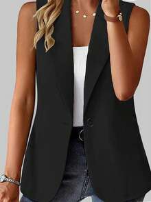 SHEIN CURVE+ Plus Size Women Fashionable Elegant Sleeveless Black Open Front Thin Blazer Office Tops Women Shrugs For Women - Black - View 3
