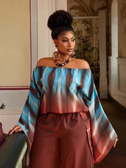Maweii Plus Size Women's Off-Shoulder Long Sleeve Contrast Color Loose Fashion Summer Top