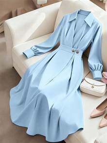 GlowEve CURVE 大码女式休闲纯色翻领灯笼袖纽扣褶裥腰部A字连衣裙 - 藍色 - 查看 1