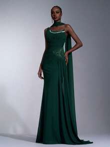 Elitara Elegante vestido de noche formal minimalista y lujoso con malla de alta elasticidad, sin tirantes, asimétrico, fruncido, glamoroso con cristales de Rhinestone 3D, con volantes de sirena drapeados (sin tirantes desmontables) - Verde Oscuro - Ver 6