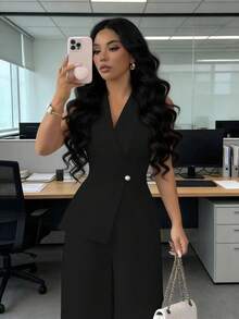 Conjunto profesional elegante de unicolor albaricoque con diseño de blazer de cuello en V, cinturón de cintura, adecuado para el trabajo, reuniones, maestros, escuela, Día de San Valentín, Día del Trabajo, Pascua, viajes, estilo casual de calle, mono de primavera/verano - Negro - Ver 5