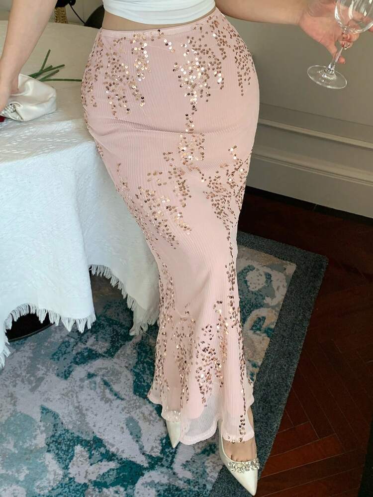 Women's Solid Color Sequin Decor Elegant Mermaid Skirt