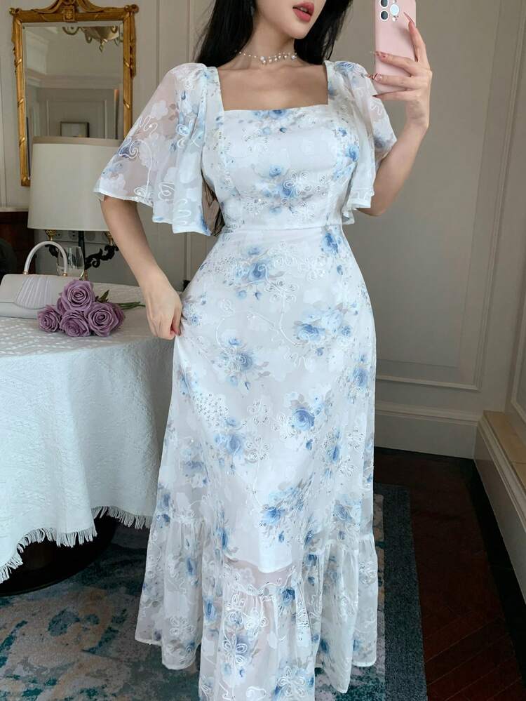 Women's Floral Print Sweetheart Neck Ruffle Sleeve Elegant Dress Maxi Dress Sundress Summer Boho