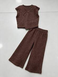 Hapijoa 两件套幼儿男童简约无袖上衣和直筒裤，休闲宽松套装，秋季款 - 棕色 - 查看 9