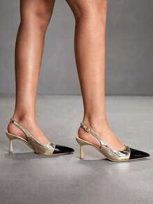 CUCCOO SZL Women's Contrast Color Pointed Toe Buckle Design Elegant High Heels - Gold - View 6