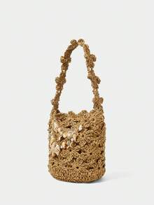 SHECARRY Women's Vacation Casual Shell Chain Decor Woven Handbag - Camel - View 3