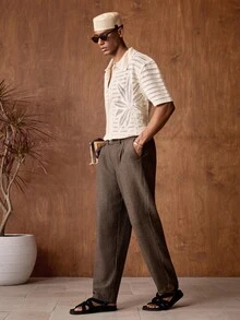 Business Casual AKNOTIC 男士人字纹提花宽松长裤，适合圣诞派对、商务休闲、秋季穿着，也是送给男友的礼物和节日佳选。 - 棕色 - 查看 6